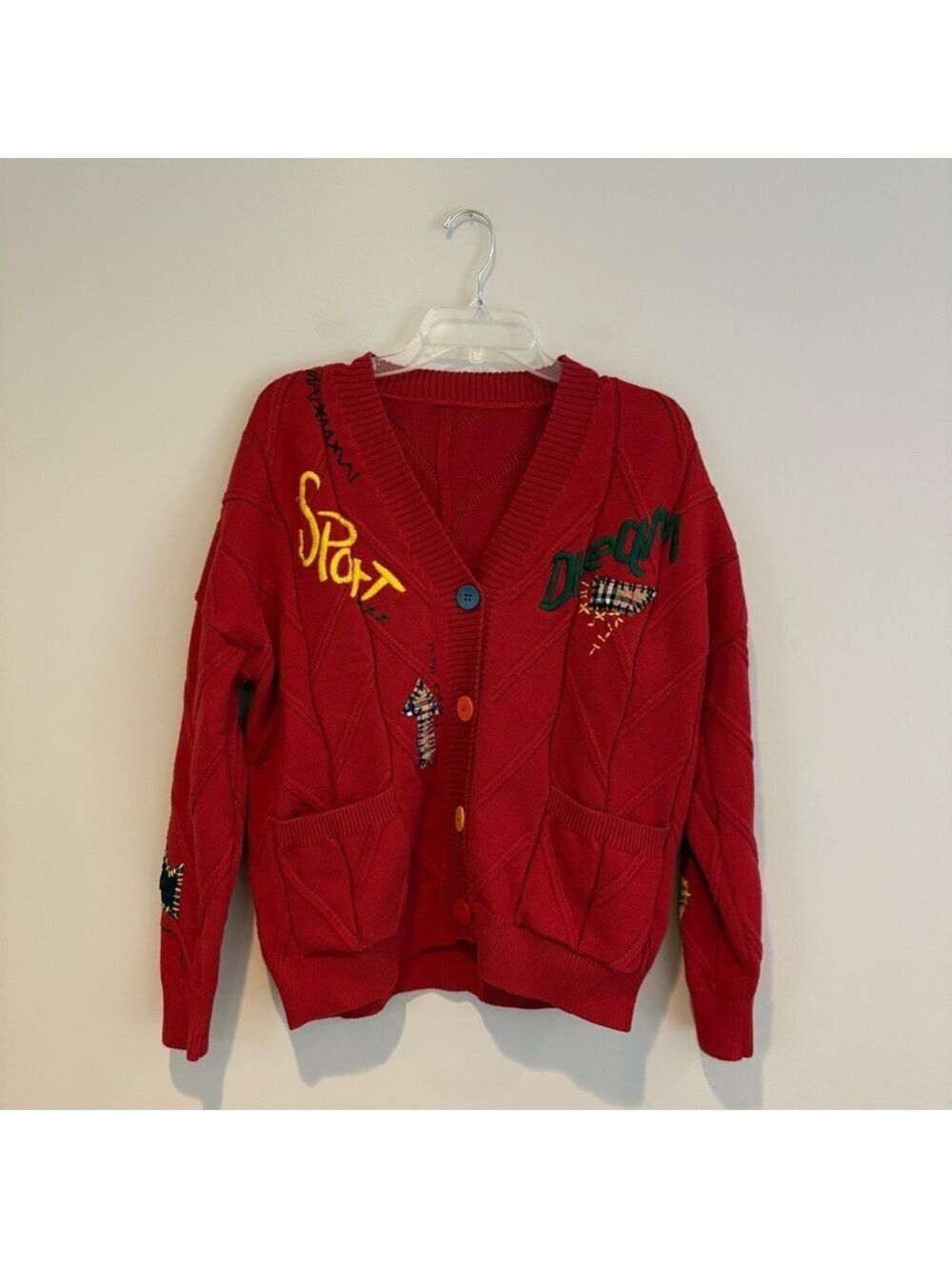 Ebossy Red Cable Knit Cardigan Varsity Sweater Size XL
